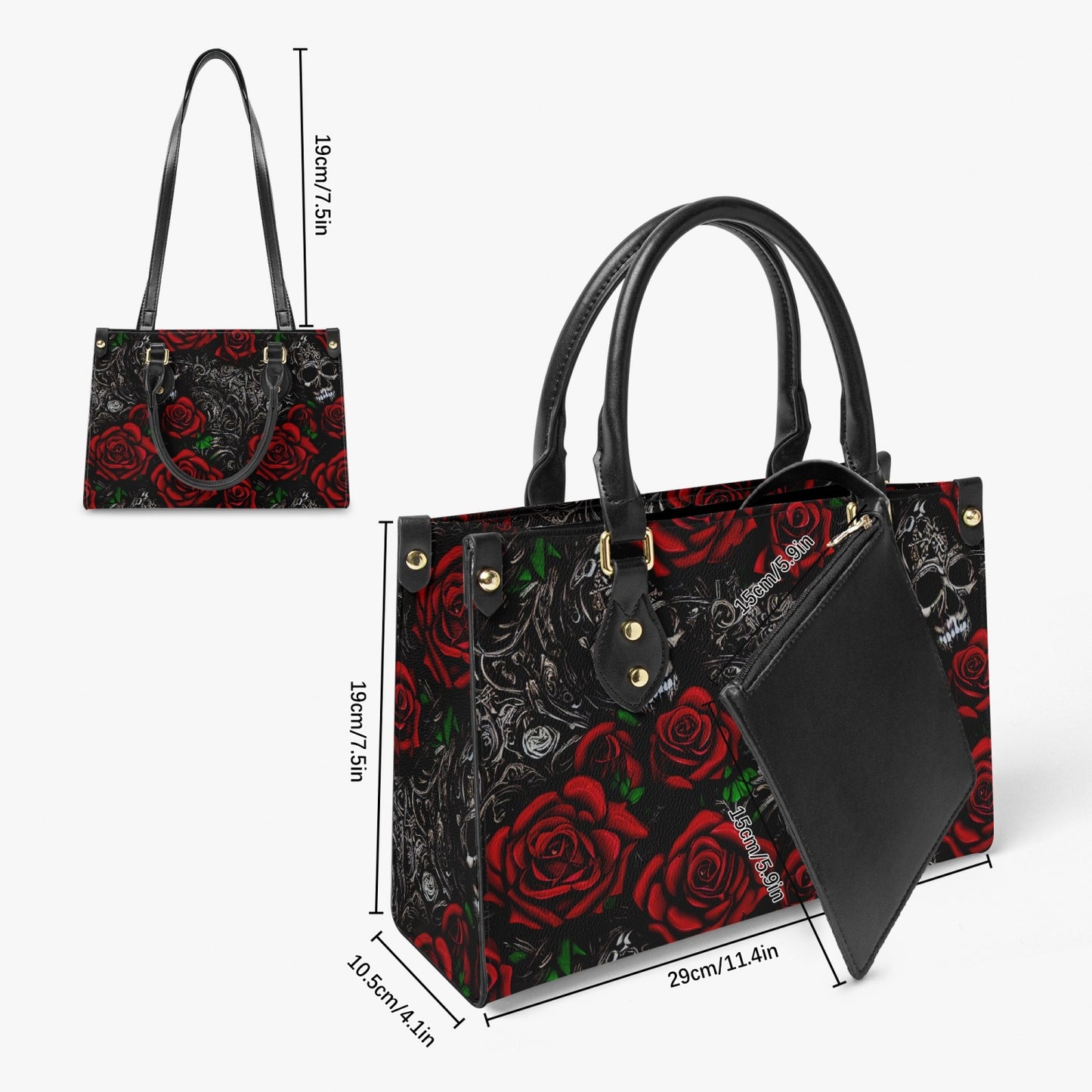 Women's Gothic Red and Black Pattern Skull and Roses Tote Purse