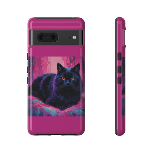 Phone Cases - Beautiful Black Cat Design - Glossy and Matte Finish - Pink Background