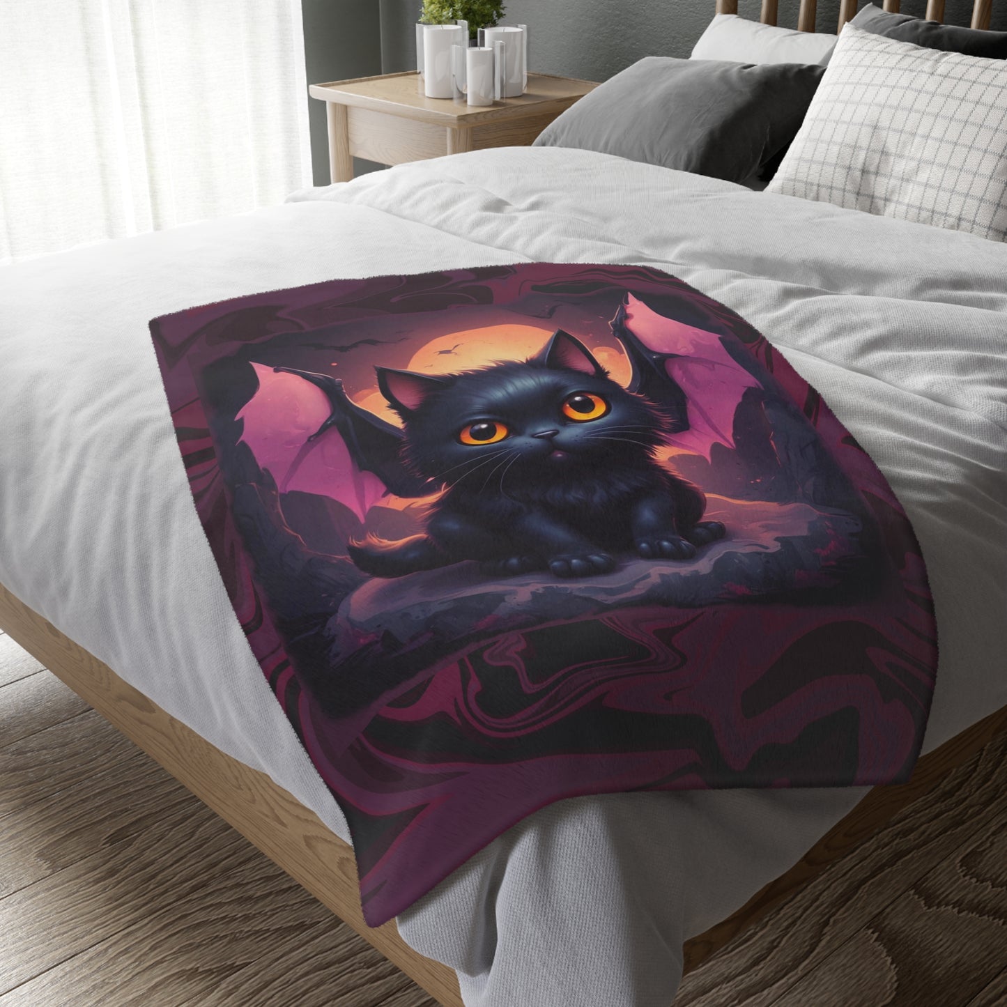 Velveteen microfiber Blanket, Kitty Bat Grape Burgundy Black Swirl Design, Two-Sided Print