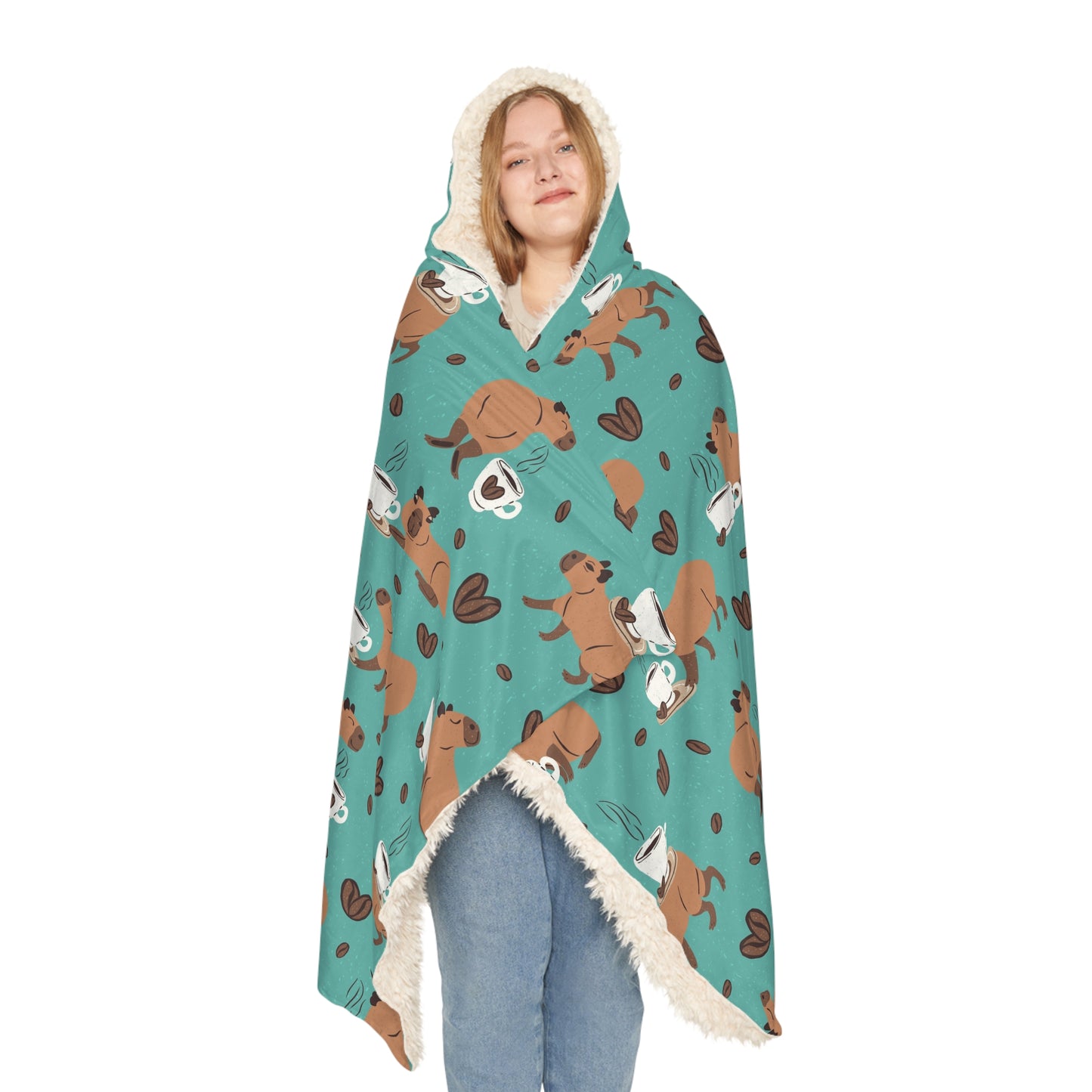 Hooded Snuggle Blanket - Capybaras and Coffee Print, Warm Cozy Microfleece or Sherpa Lining