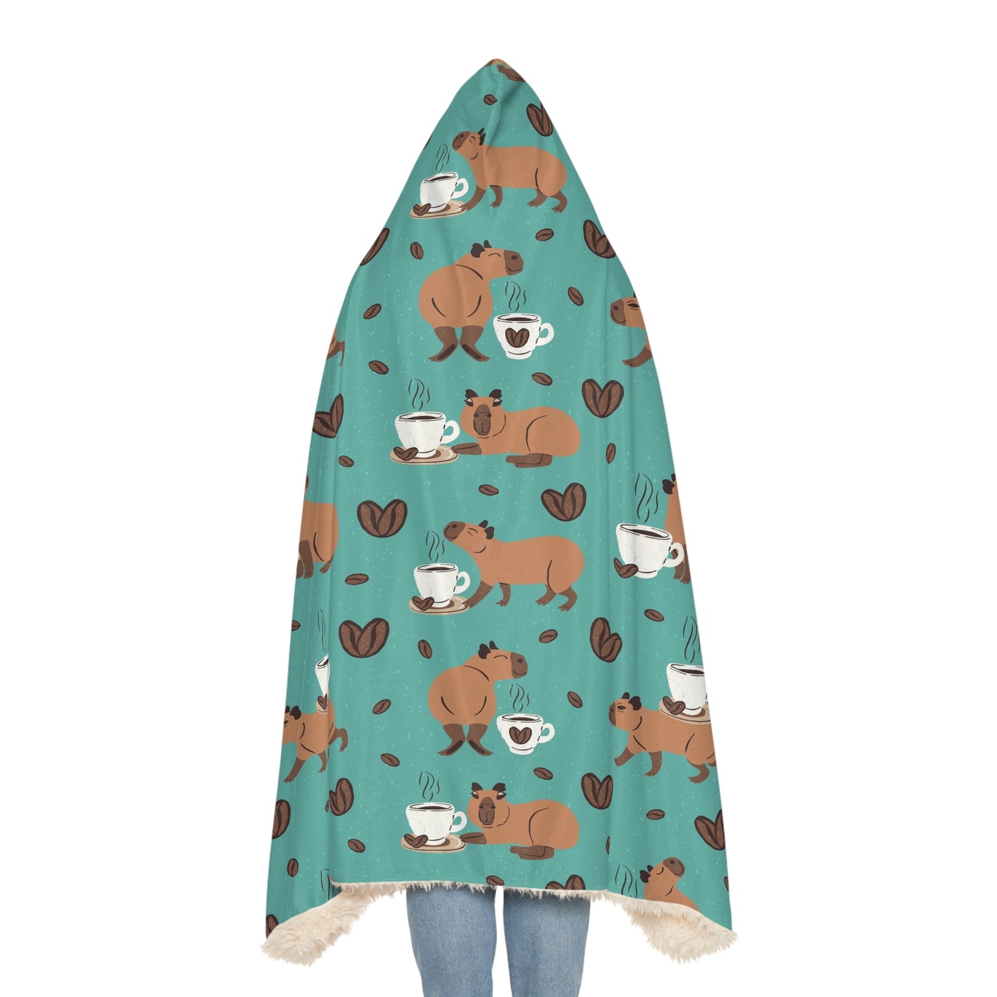 Hooded Snuggle Blanket - Capybaras and Coffee Print, Warm Cozy Microfleece or Sherpa Lining