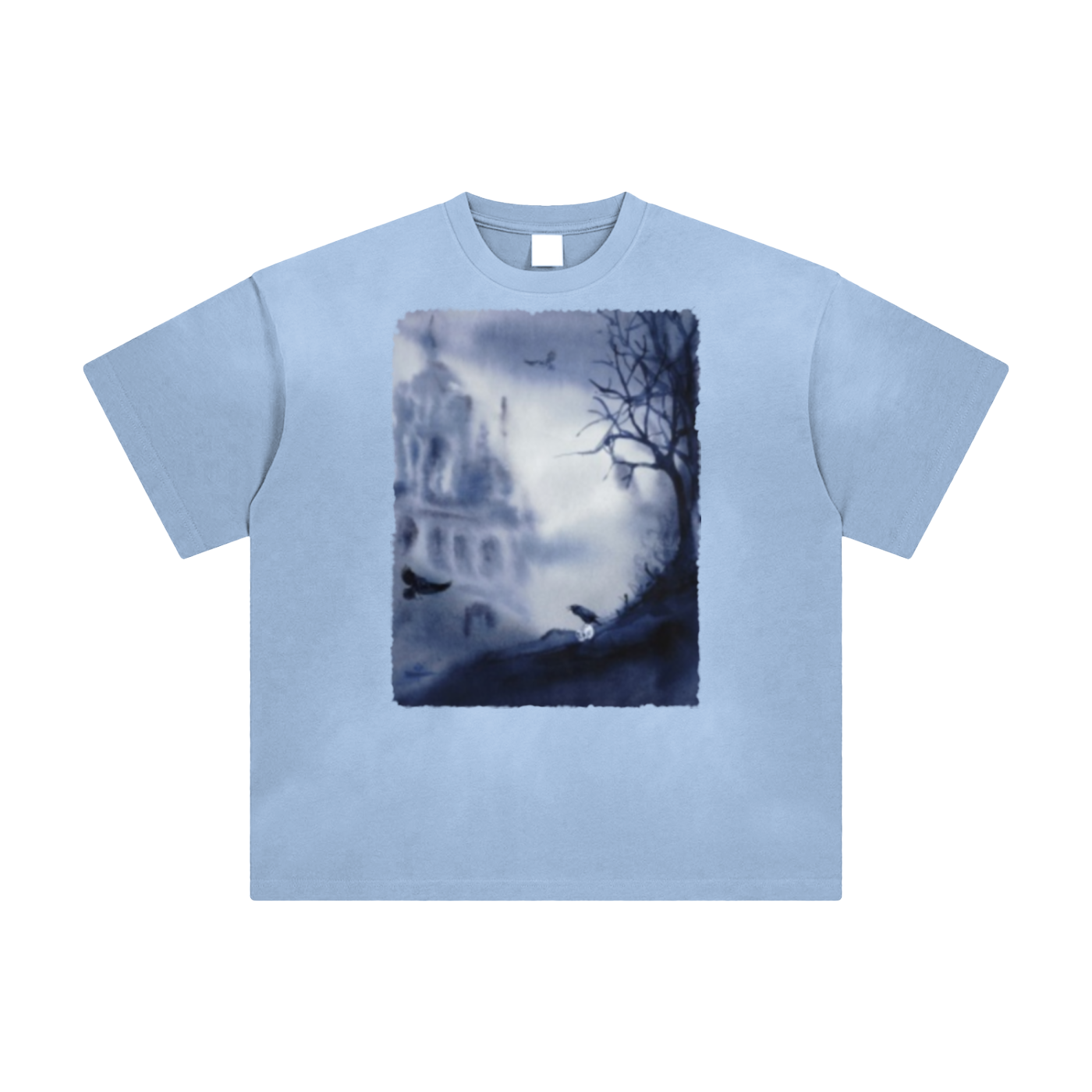 Spooky,Unisex tshirt,Loose fit,Women’s clothing ,Vintage,Adults shirts,Women’s tops,Crows,Light blue,Faded