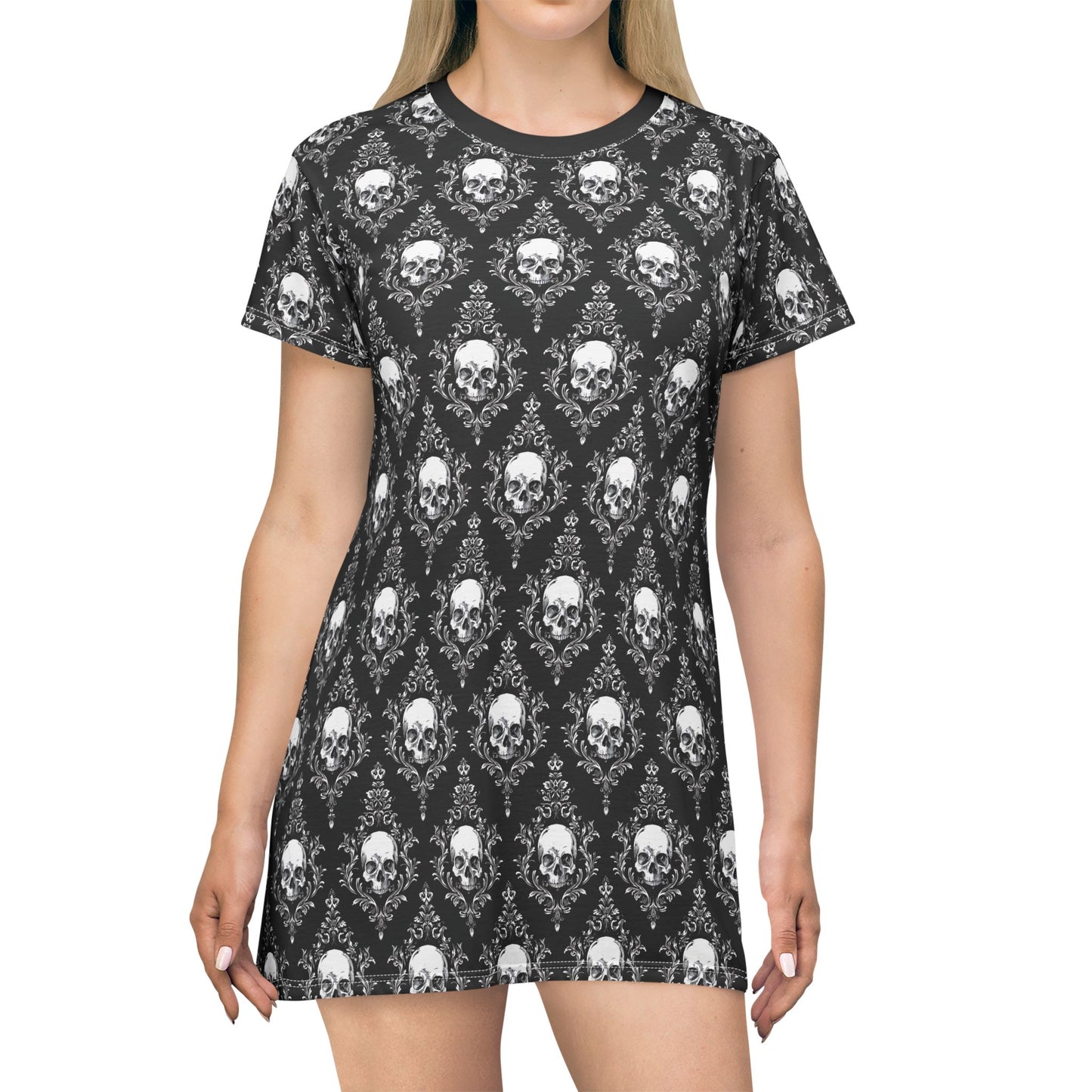 Black and White Damask Skulls Tshirt Dress