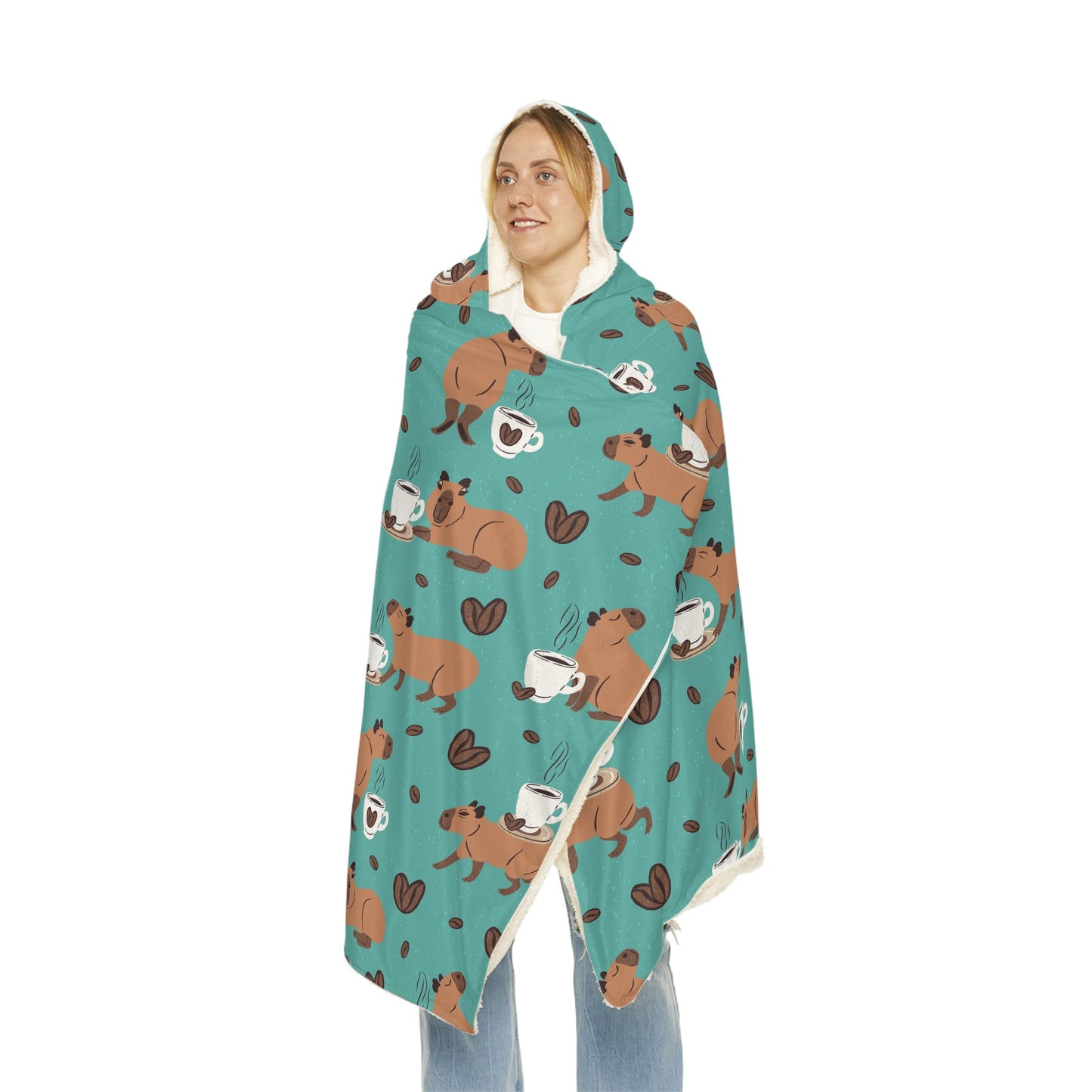 Hooded Snuggle Blanket - Capybaras and Coffee Print, Warm Cozy Microfleece or Sherpa Lining