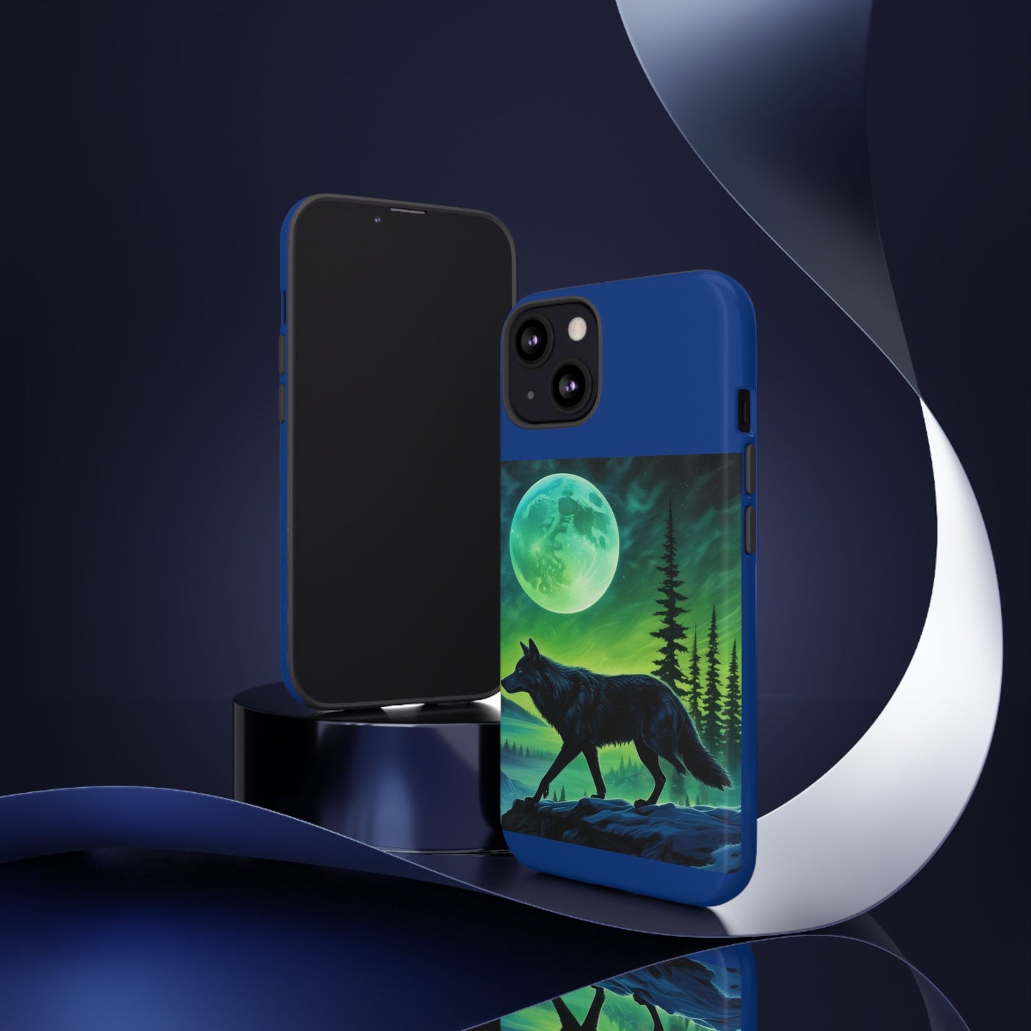 Blue Wolf Full Moon Northern Lights Forest Design Tough iPhone Case