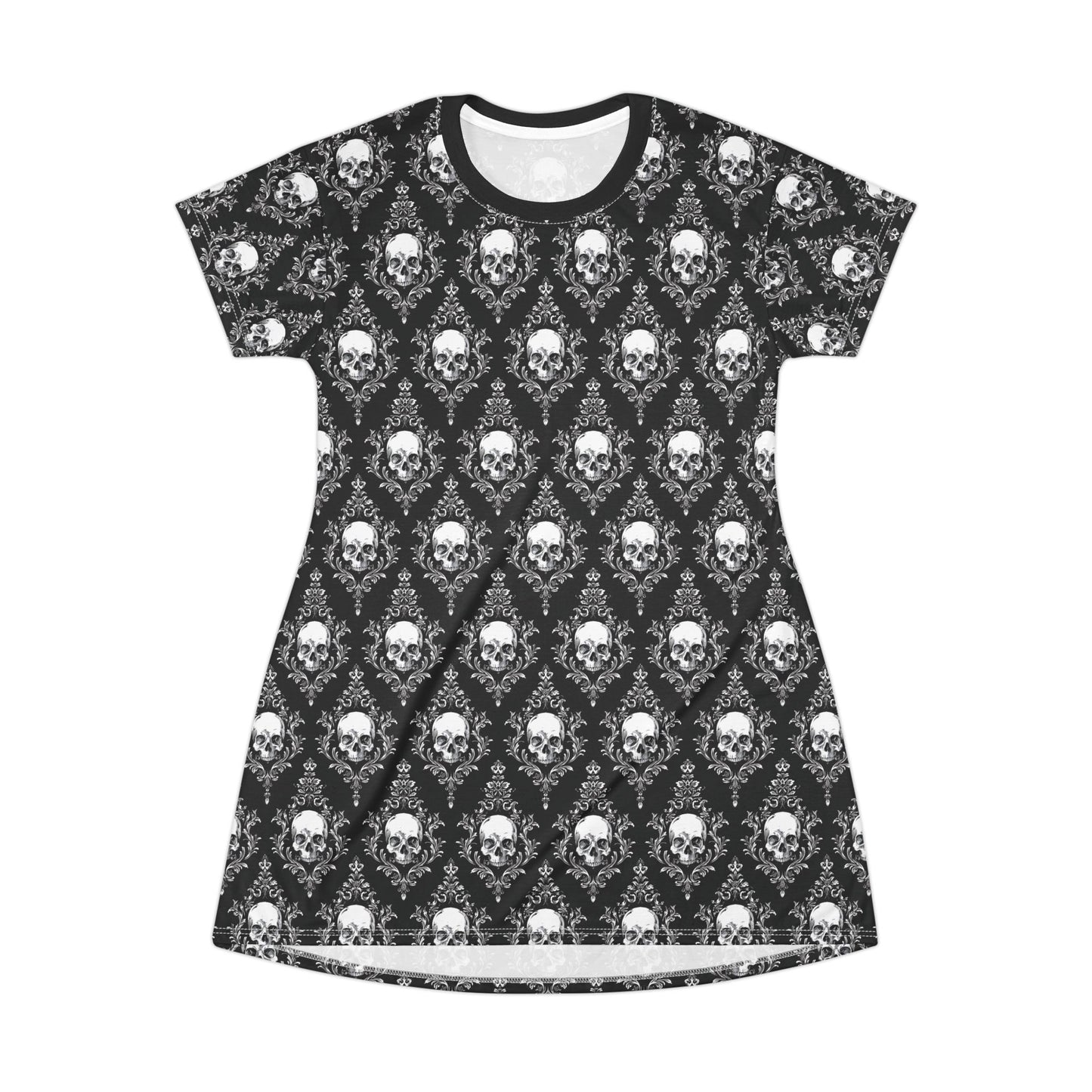 Black and White Damask Skulls Tshirt Dress