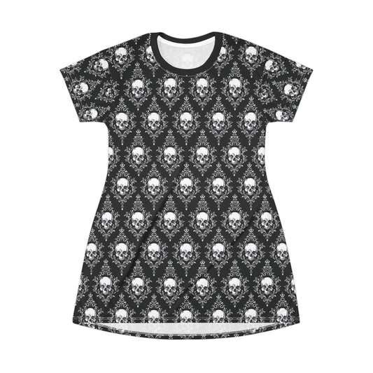 Black and White Damask Skulls Tshirt Dress