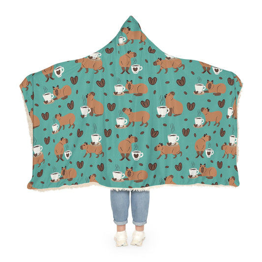 Hooded Snuggle Blanket - Capybaras and Coffee Print, Warm Cozy Microfleece or Sherpa Lining