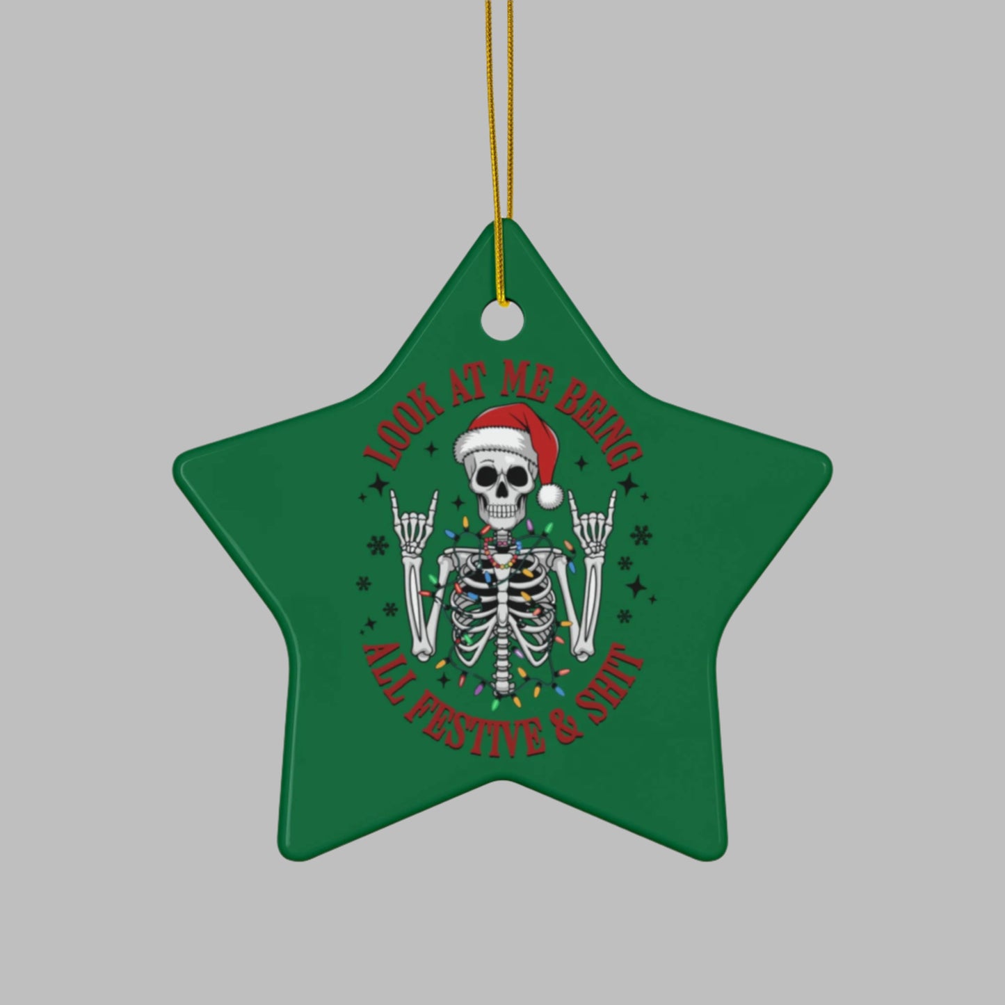 Ceramic Ornaments - Star Skeleton with Santa Hat, Festive 2-Side Print (1pc, 3pcs, 5pcs, 10pcs)