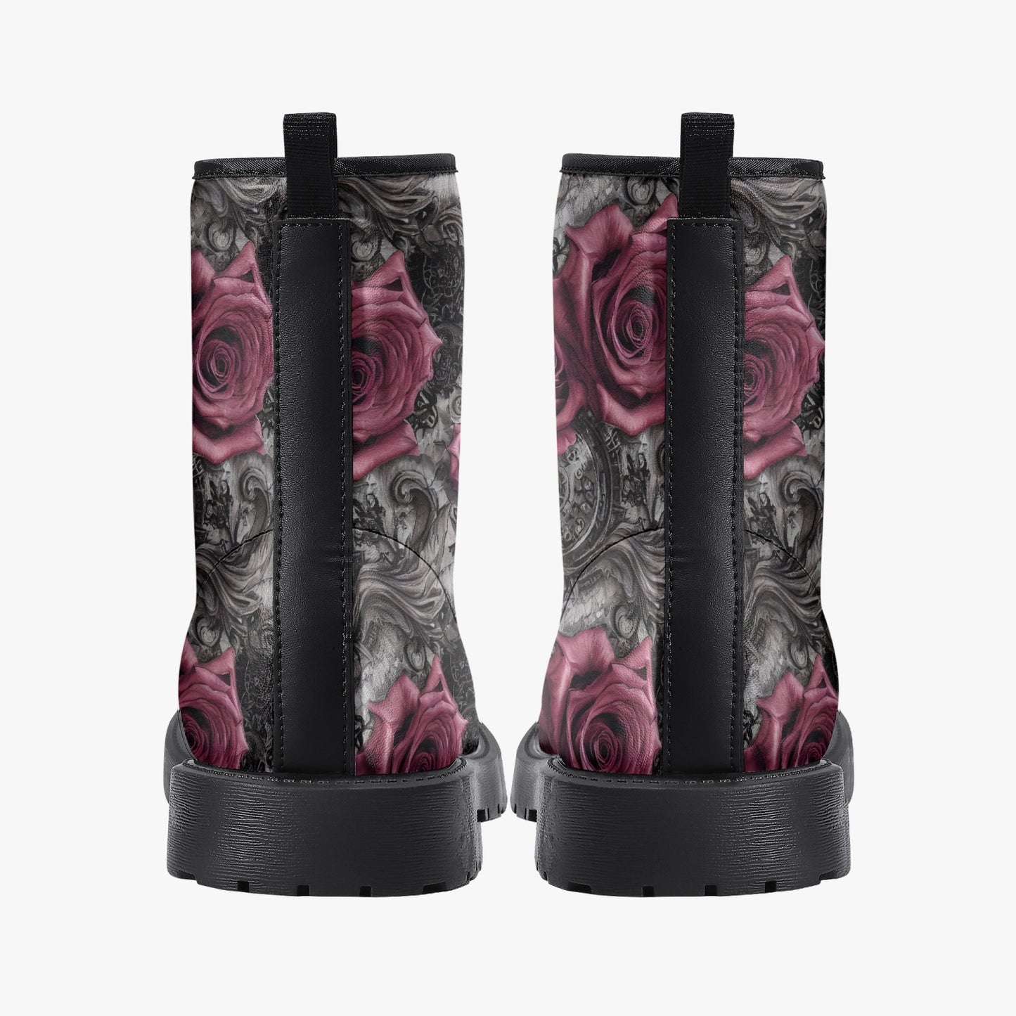 Women's Pink Roses Pattern Steampunk Combat Boots