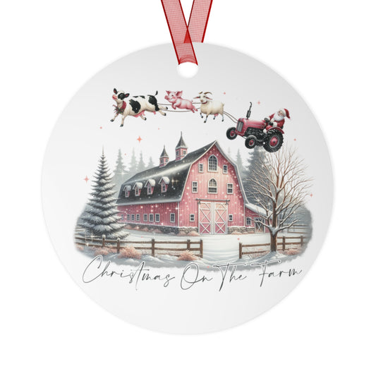 Round Metal Ornament - Christmas on the Farm Santa in Red Tractor Scene