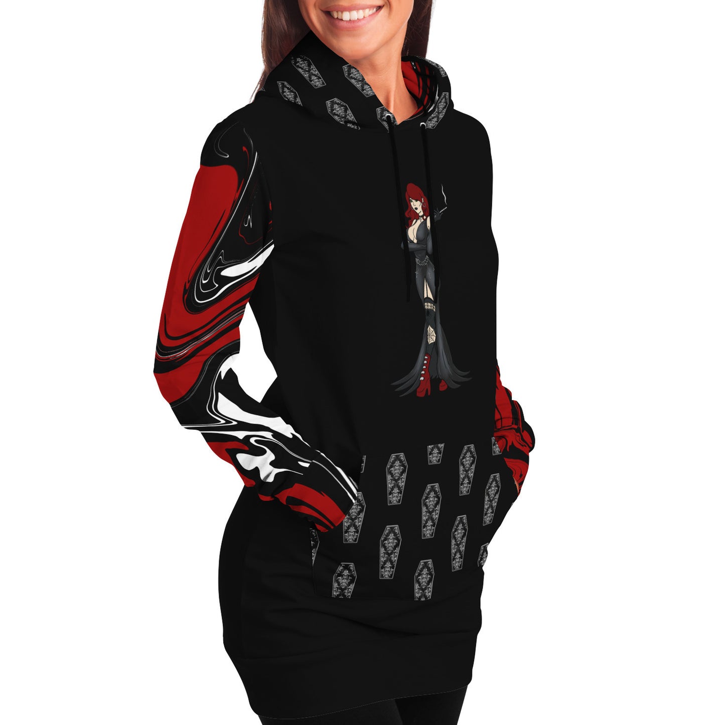 Women's Gothic Red and Black Coffin and Graphic Fashion Dress Hoodie