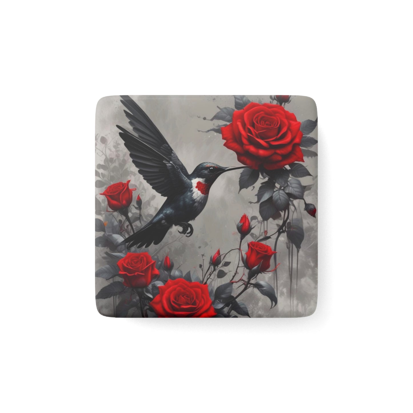 Square Grey Hummingbird and Red Roses Magnet