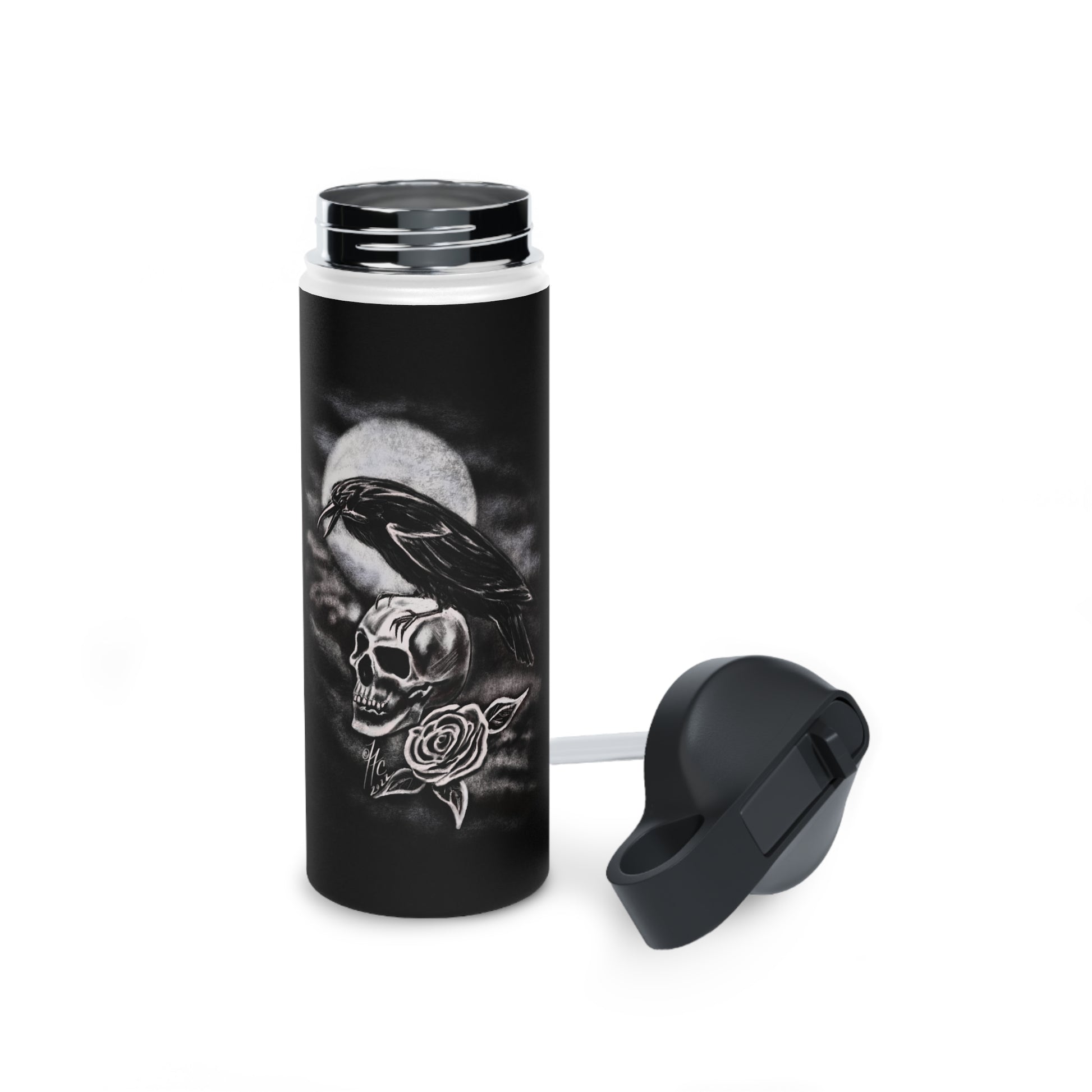 moonlit crow on skull with red rose reusable water bottle