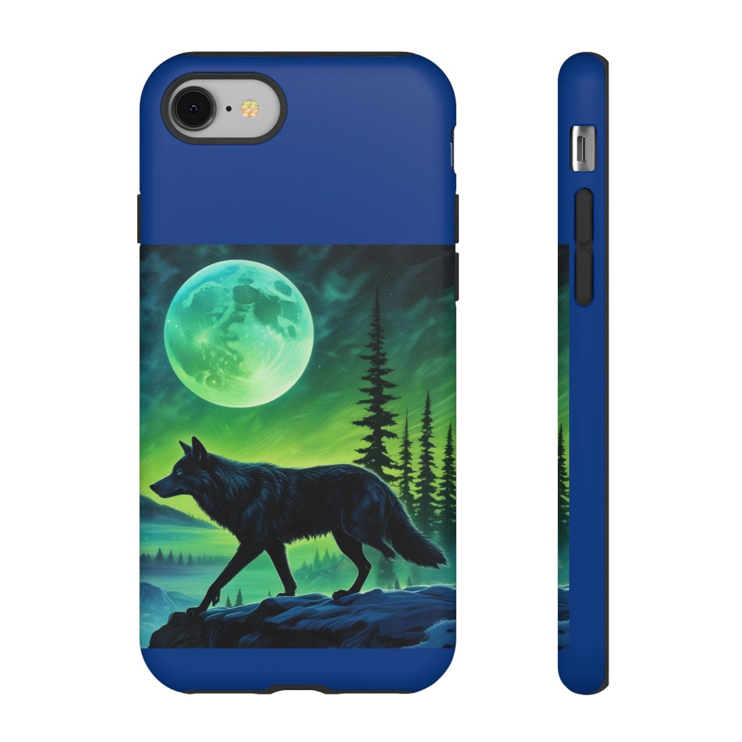 Blue Wolf Full Moon Northern Lights Forest Design Tough iPhone Case