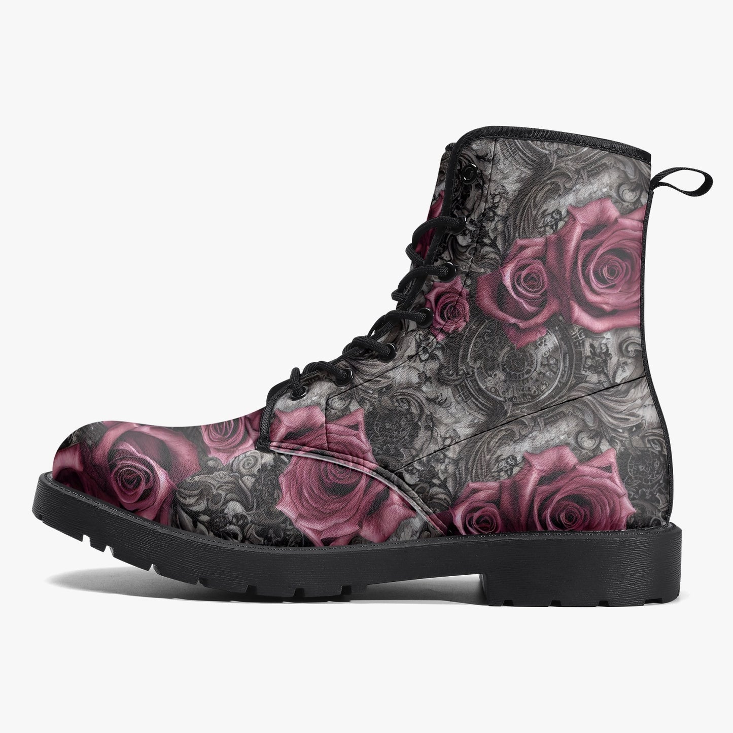 Women's Pink Roses Pattern Steampunk Combat Boots