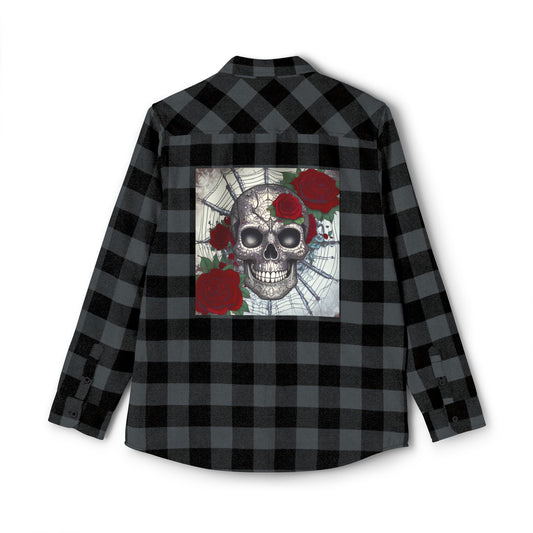 Unisex Flannel Shirt featuring a sugar skull, roses, and spider web