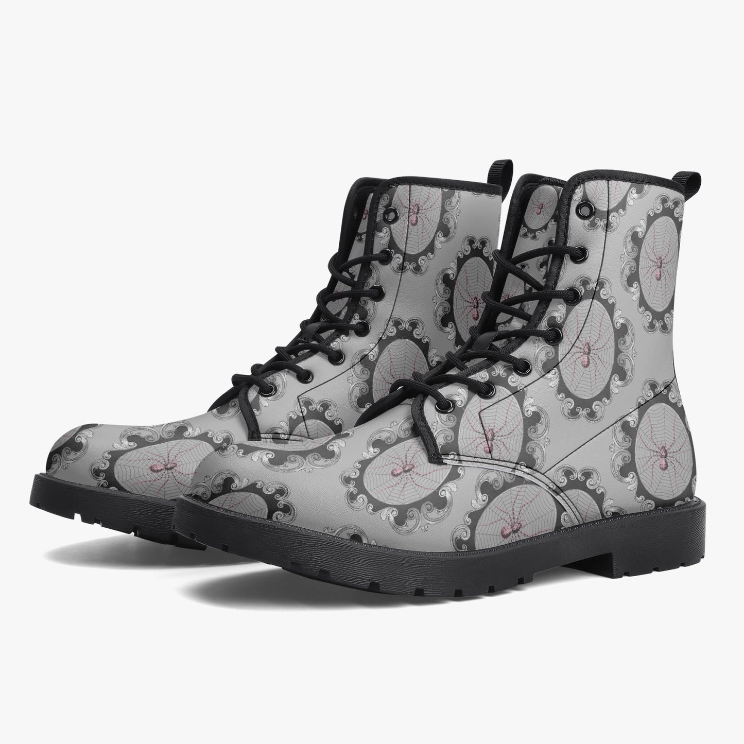 Women's Alternative/Goth Grey and Pink Spiderwebs Combat Boots