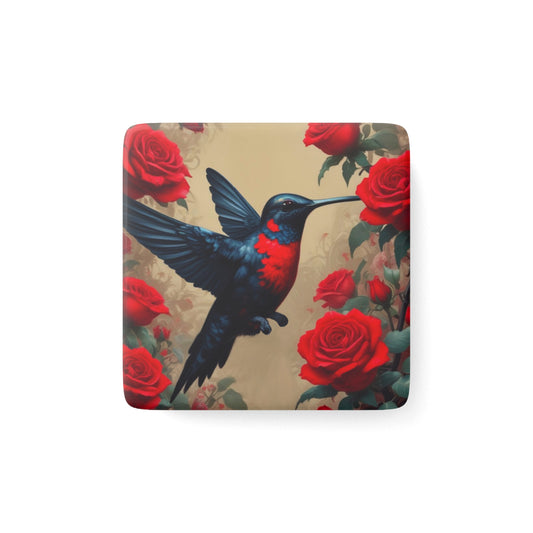 Square Hummingbird in Red Roses Magnet