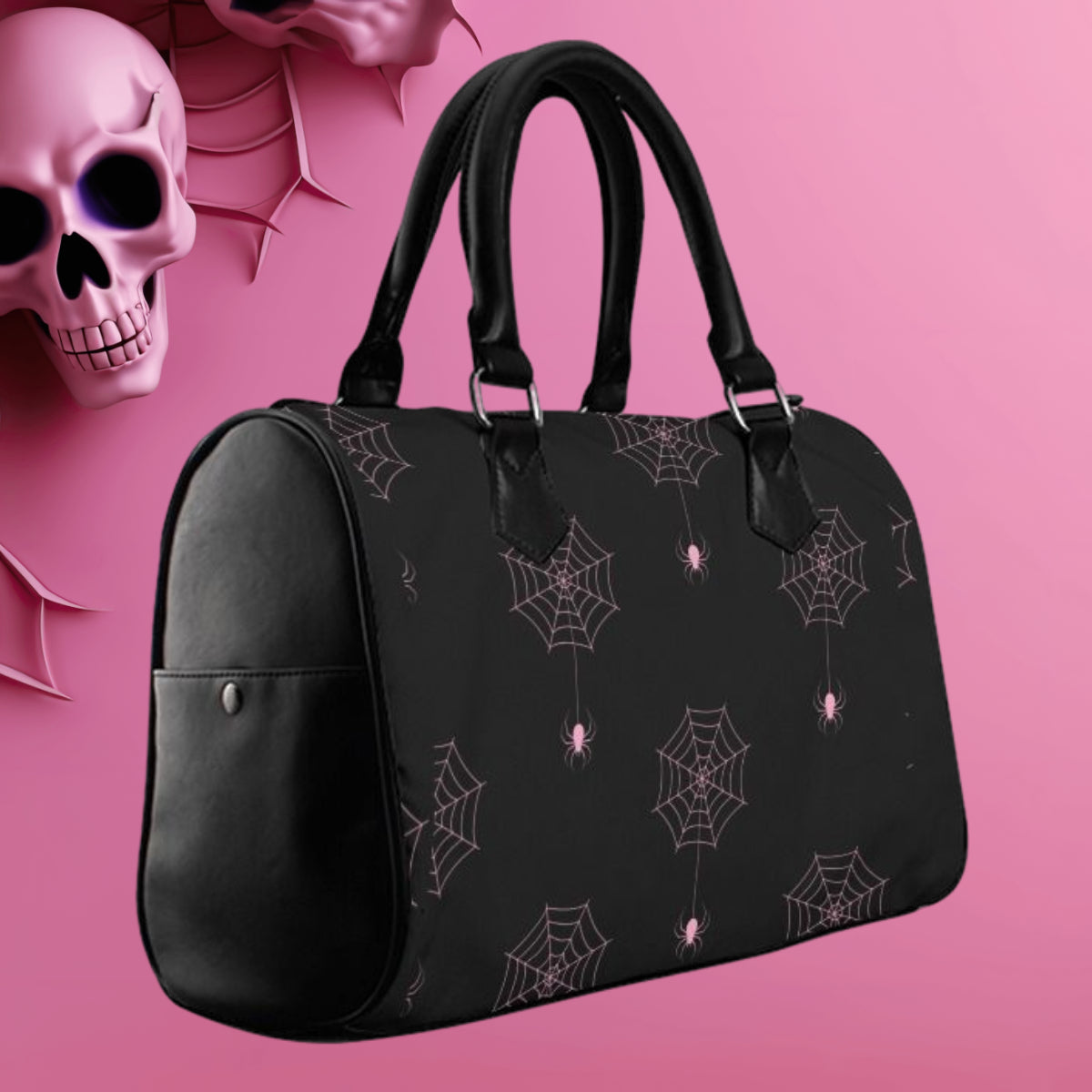 Women's Gothic Black and Pink Spiders Barrel Purse