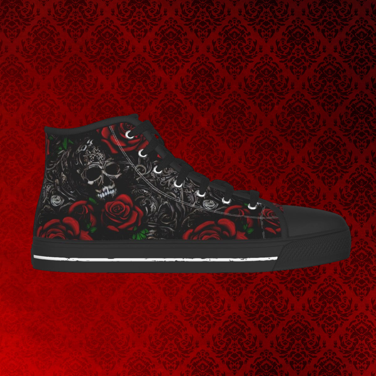 Women's Black and Red Gothic Floral Skull and Roses Pattern Converse Style Shoes