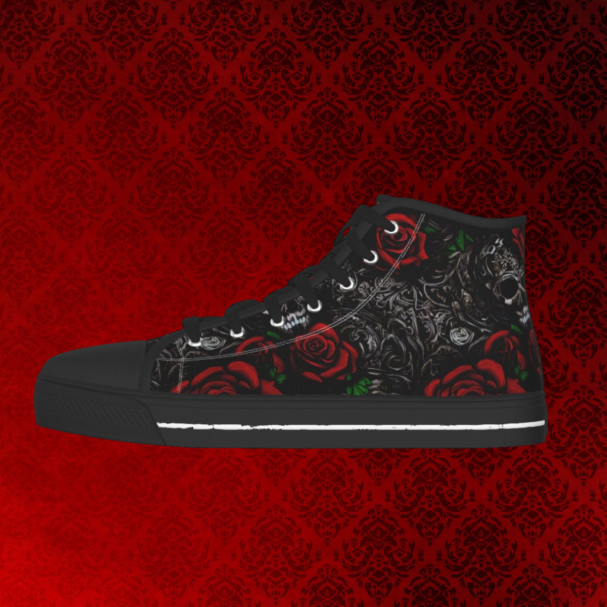 Women's Black and Red Gothic Floral Skull and Roses Pattern Converse Style Shoes