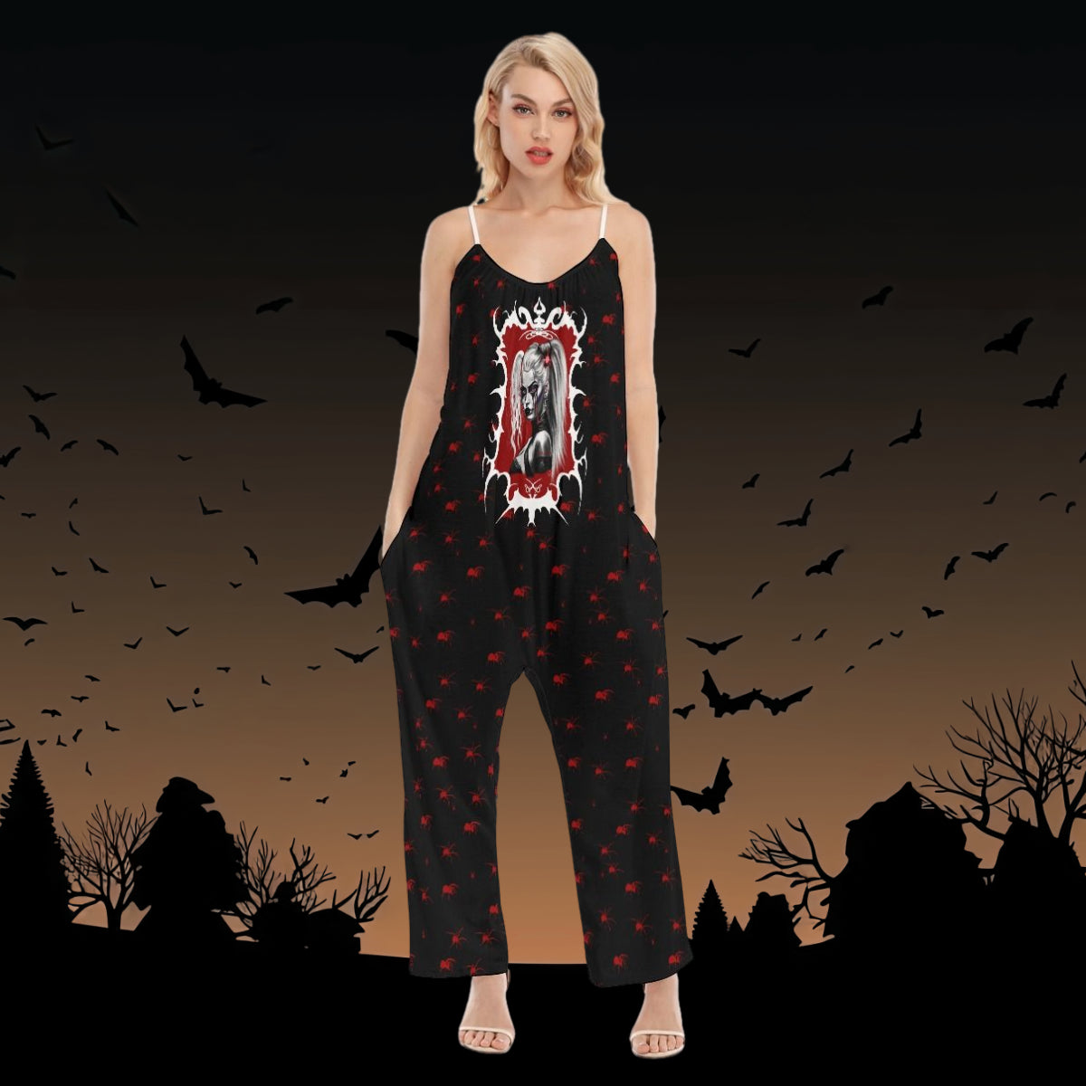 Gothic print Jumpsuit red spiders and Pretty Dead girl zombie Harley Quinn