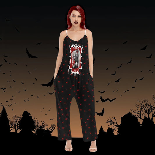 Gothic red spiders pattern jumpsuit with Harley Quinn inspired graphic pretty dead girl red black and white design