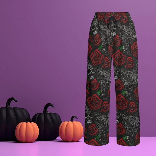 Women's Gothic Red and Black Roses and Skulls Print Lounge Wide Leg Pants