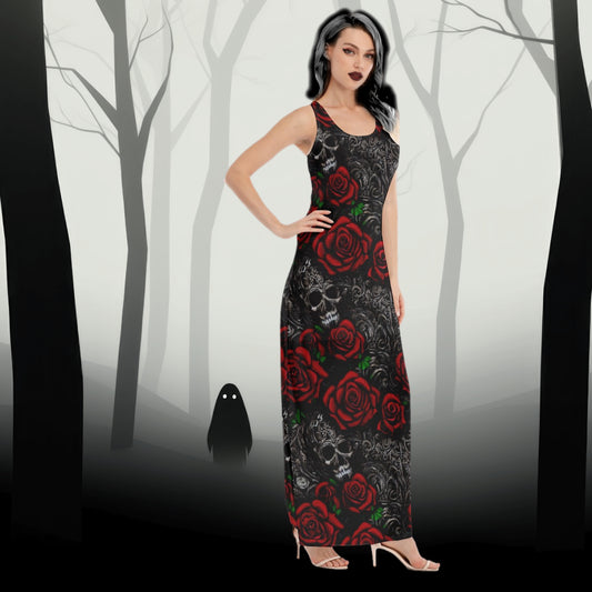 Women's Gothic Red and Black Skull and Roses Pattern Maxi Dress