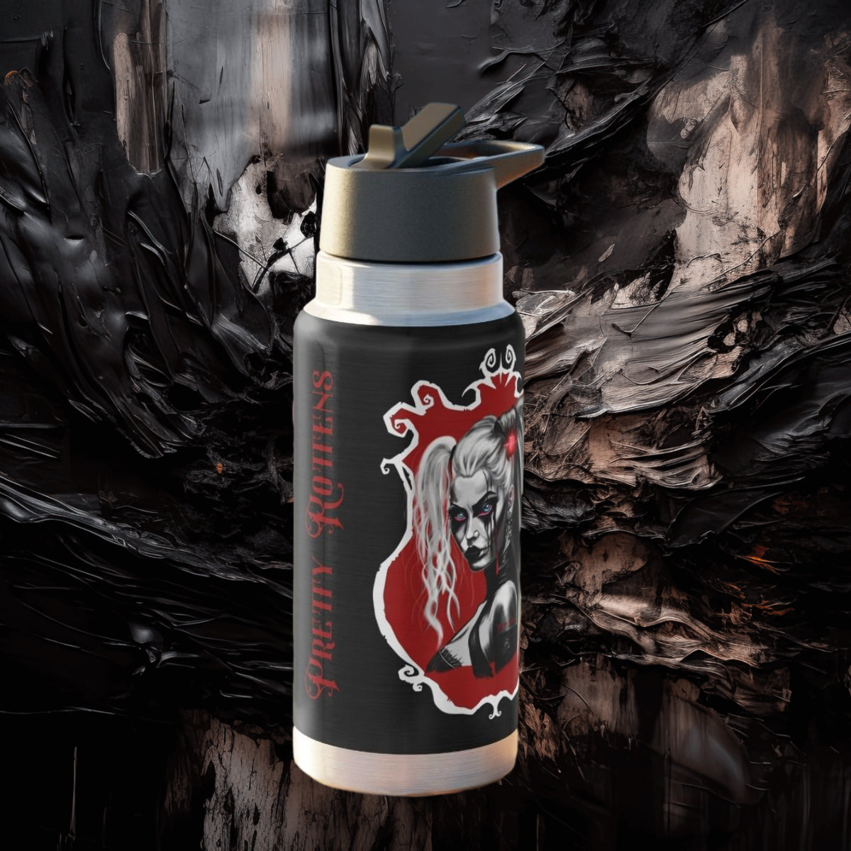 Alternative/Gothic Black and Red "Pretty Zombie" Design Personalized Water Bottle 32oz