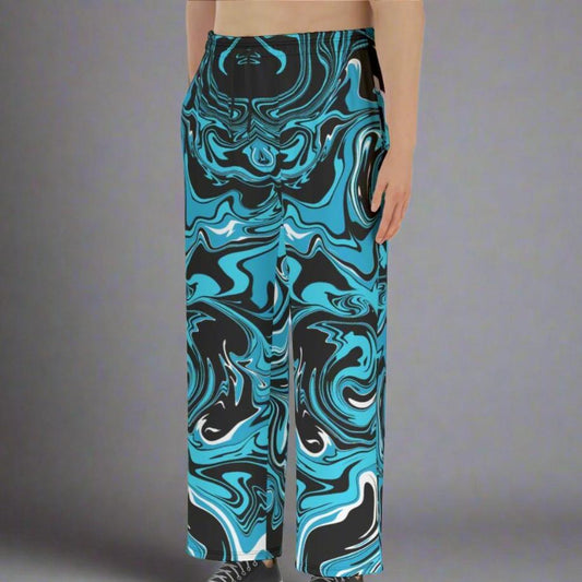 Alternative, Gothic, Blue, Aqua, wide leg, lounge, pants, comfortable, comfy, swirl, tie dye, tie die, abstract