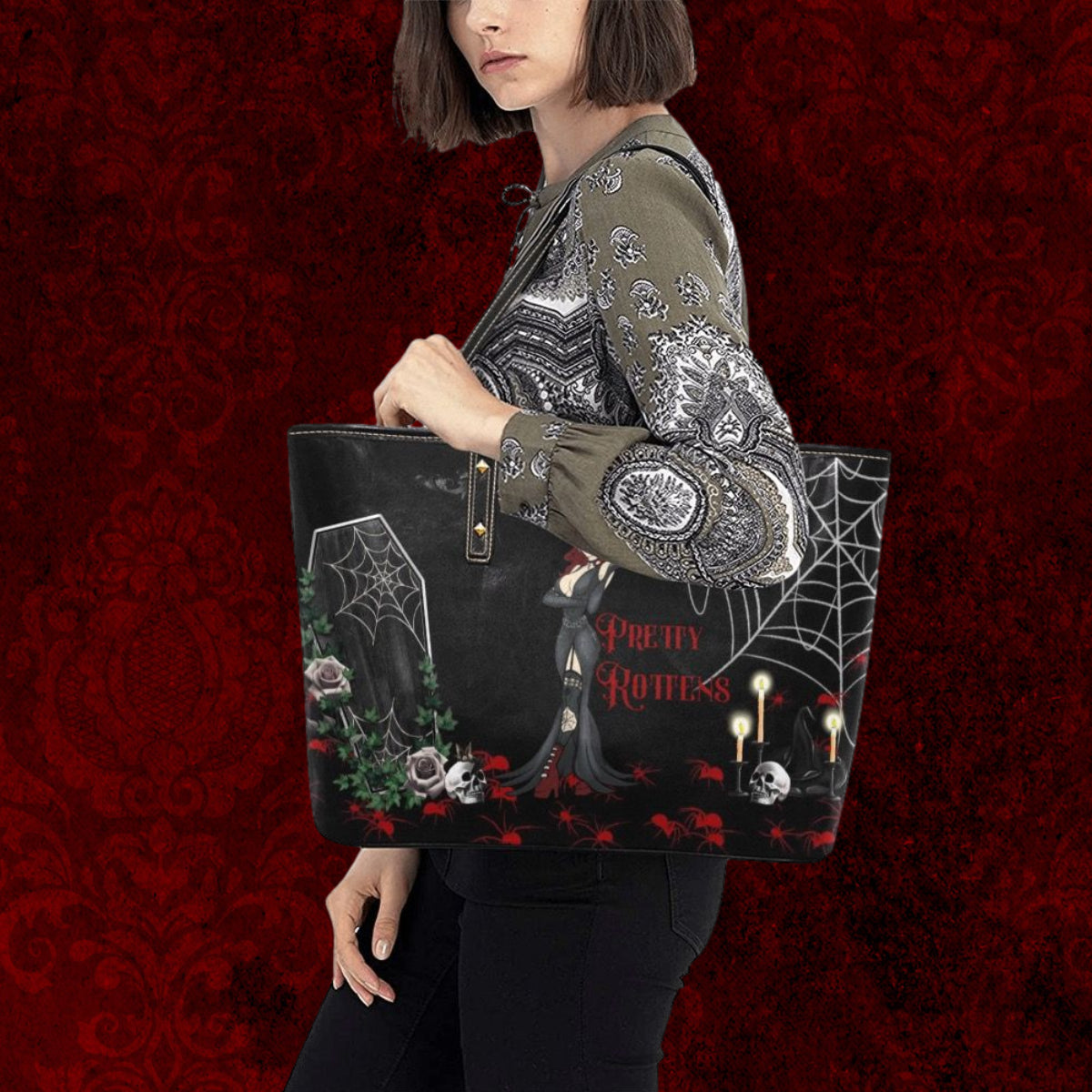 Women's Black And Red Gothic Design Large Faux Leather Tote Bag