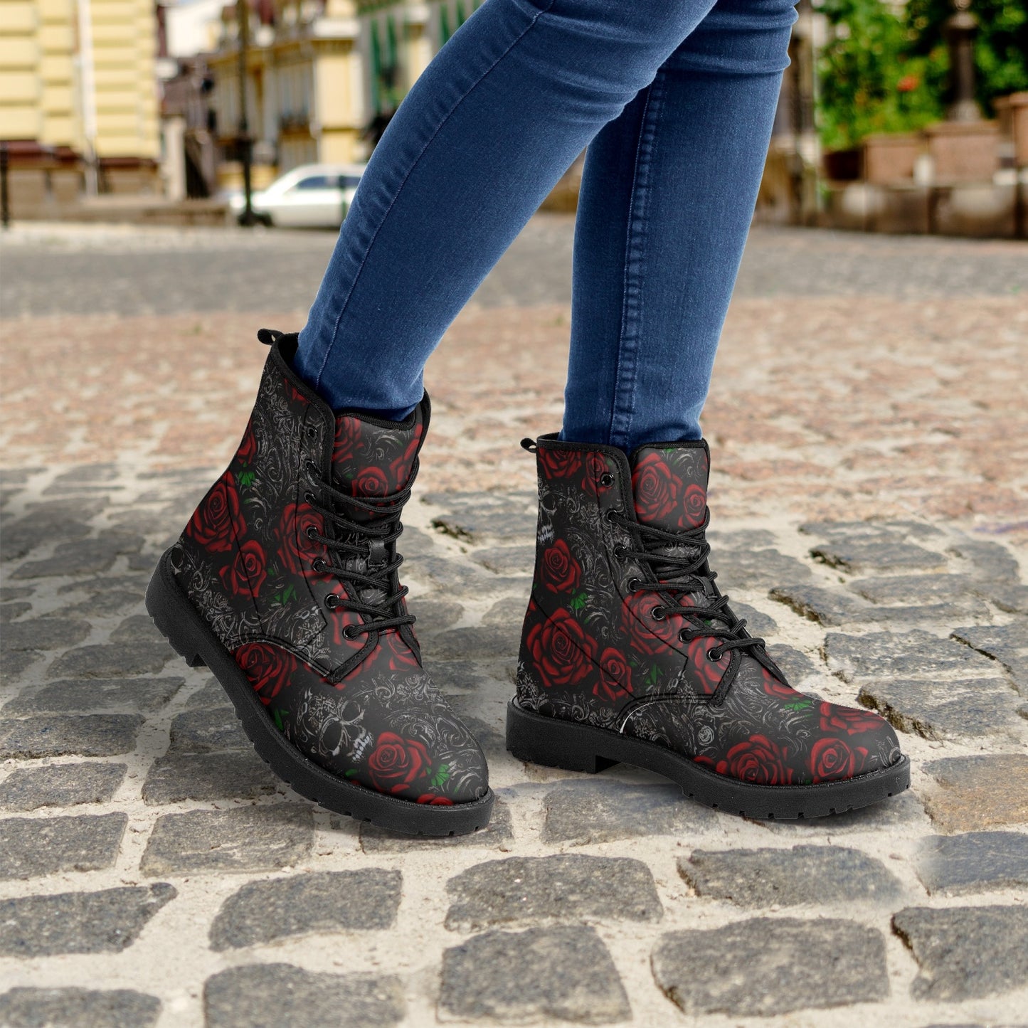 Women's Red Roses and Skulls Floral Pattern Combat Boots