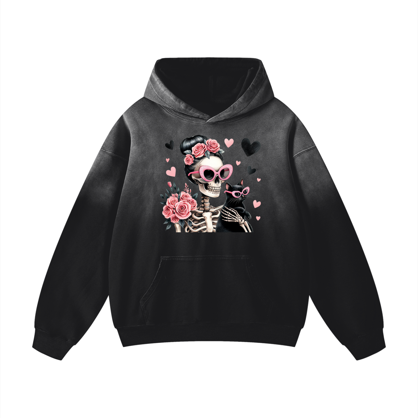 Oversized hoodie,Adult hoodie ,Women’s clothing ,Unisex clothing ,Skeleton lady,Skeleton cat lady,Cat,Lady and cat with glasses,Comfy,Warm and snuggly 