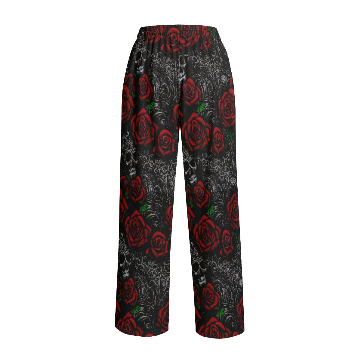 Women's Gothic Red and Black Roses and Skulls Print Lounge Wide Leg Pants