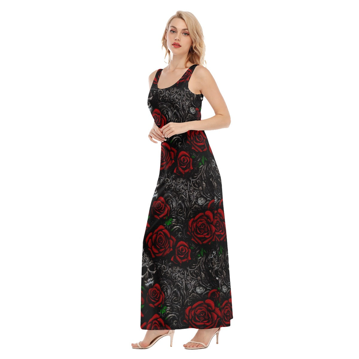 Women's Gothic Red and Black Skull and Roses Pattern Maxi Dress