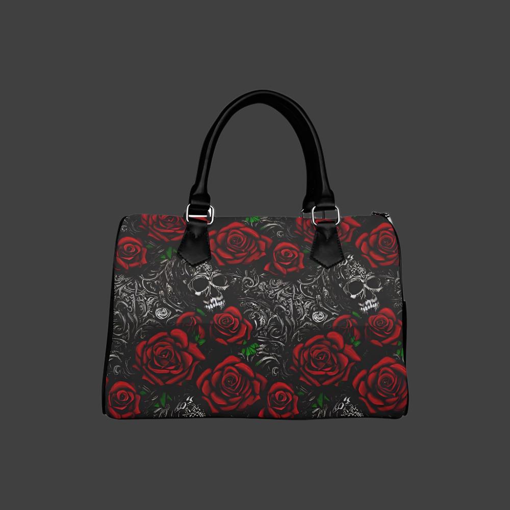 Gothic Red Roses and Skulls Barrel Purse