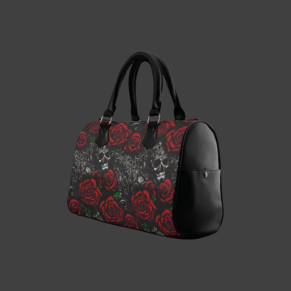 Gothic Red Roses and Skulls Barrel Purse